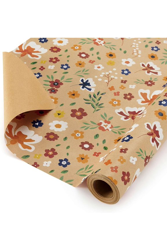 Floral Kraft Wrapping Paper Roll - 1 Roll 17”x 33 ft Flower Bouquet Wrap Favor Brown Gift Wrap Paper Kids Adults Wildflower Decorative Art Supplies for Wedding Spring