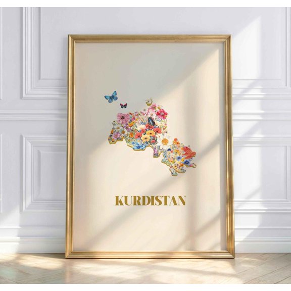 Floral Kurdistan Map Art Print Decorative Flower Wall Art With Birds & Butterflies Bakûr Rojava Başûr Rojhilat