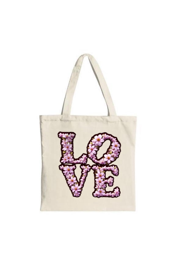 Floral LOVE Tote Bag - Cream Canvas Bold Flower - Filled Letters Perfect for Shopping Travel & Parties Stylish & Reusable