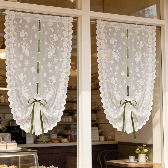 Floral Lace Balloon Curtain, Adjustable Sheer Tie-Up Rod Pocket Window Shade with Green Ribbon