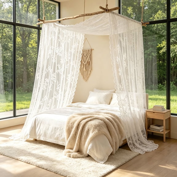 Floral Lace Bed Canopy Curtain, Boho Sheer Hanging Bed Canopy with Scalloped Edge, Romantic Bed Drape for Queen Full Size Bed, Vintage Bedroom Decor Mosquito Net, White