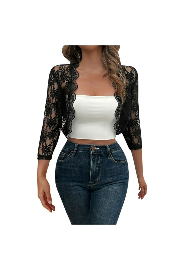 Floral Lace Bolero Shrug Women - 3/4 Sleeve Cropped Sheer Cover Up Lightweight Wedding Cocktail Party Y2K Romantic Vintage