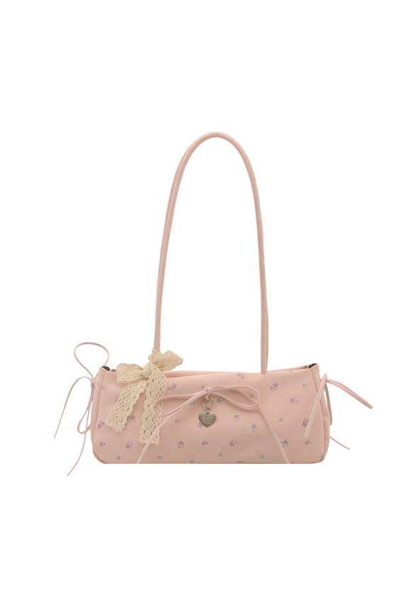 Floral Lace Bow Shoulder Bag with Heart Charm, Dacron Crossbody Purse, Compact Everyday Handbag for Casual or Special Occasions