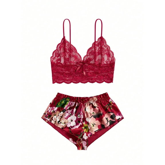 Floral Lace Bra With Floral Shorts, Lingerie