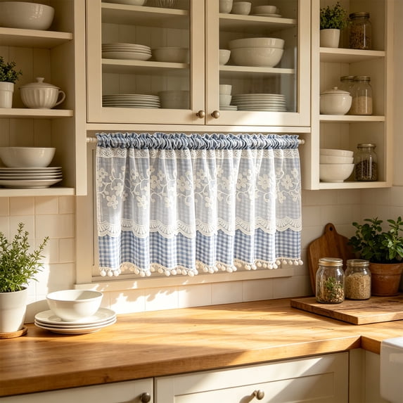 Floral Lace Edge Cafe Curtain – Semi-Sheer Tiered Window Valance, 39.37x19.69 Inches, Adjustable Rod Pocket, for Kitchen Bathroom Decor