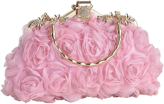 Floral Lace Evening Clutch Purse, Rose Wedding Handbag with Chain Strap, Bridesmaid Dress Bag