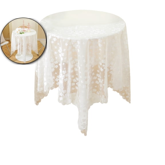 Floral Lace Fabric Tablecloth, Lace Fabric Table Cloth for Square Tables, Wrinkle Resistant Lacecloth, Patterned Scalloped Tablecloth for Wedding Party Dinning Holiday