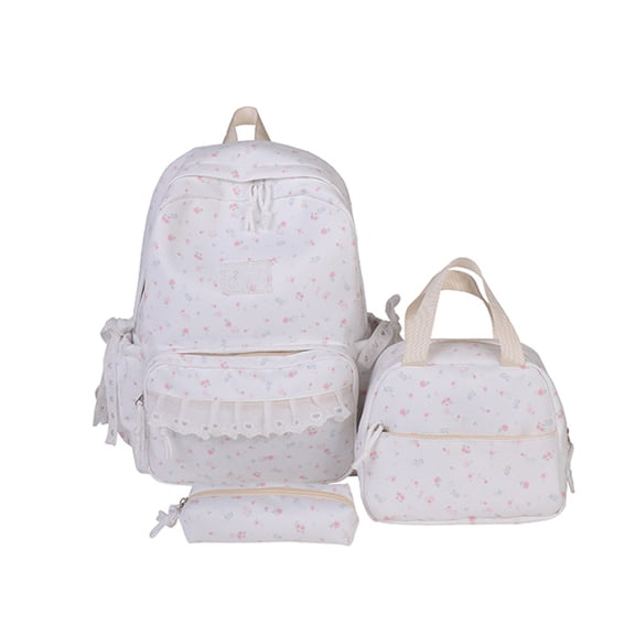 Floral Lace Nylon Daypack Bundle with Lunch Tote & Pen Case, 3-Piece Preppy Academy Rucksack Combo for Travel & Daily Use (White)