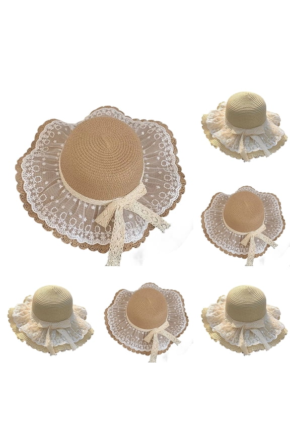 Floral Lace Overlay Sun Hat with Sweet Crochet Bow Accent and Scalloped Brim, Awesome For Easter Egg Hunts Birthday Parties Beige