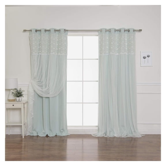 Floral Lace Overlay Thermal Insulated Blackout Curtains - Stainless Steel Grommet Top - Mint - 52"W x 84"L - (Set of 2 Panels)
