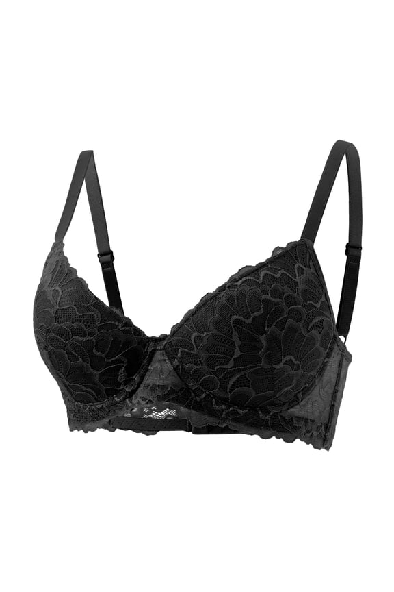 Floral Lace Push-Up Bra, Women's Underwire Adjustable Strap Lingerie with Scalloped Edge & Side Support, Everyday Lift & Shape, 1 PC Black 70B