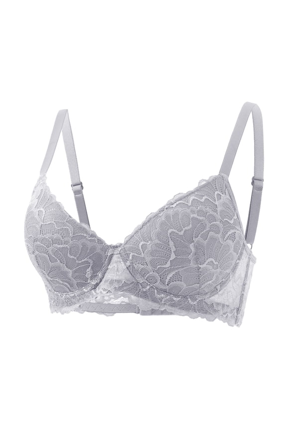 Floral Lace Push-Up Bra, Women's Underwire Adjustable Strap Lingerie with Scalloped Edge & Side Support, Everyday Lift & Shape, 1 PC Gray 70B