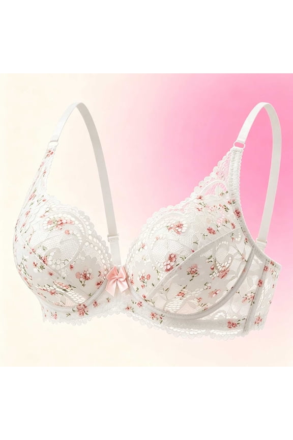 Floral Lace Push Up Bra Womens Cute Bow Underwire Adjustable Strap Thin Cup Breathable Bralette White Bras for Lady Wirefree Sports Bra L