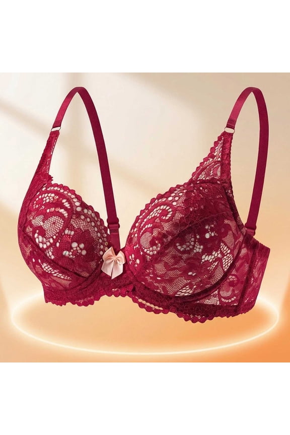 Floral Lace Push Up Bra Womens Cute Bow Underwire Adjustable Strap Thin Cup Breathable Bralette Wine Lightly Padded Wireless Bra L