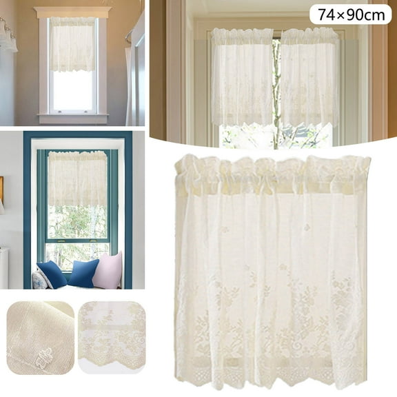 Floral Lace Semi Sheer Voile Short Cafe Tiers for Small Windows, Lace Curtains, Sheer Curtains, Lace Tier Curtains, Vintage Rose Lace Floral Farmhouse Tiers, for Bedroom Kitchen 90×74cm