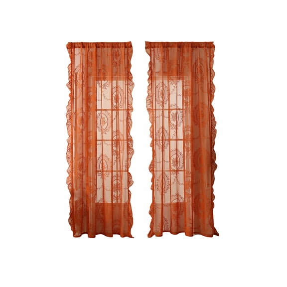 Floral Lace Sheer Curtain French Aesthetic Rod Pocket Window Drape Semi-Transparent Living Room Decor Orange
