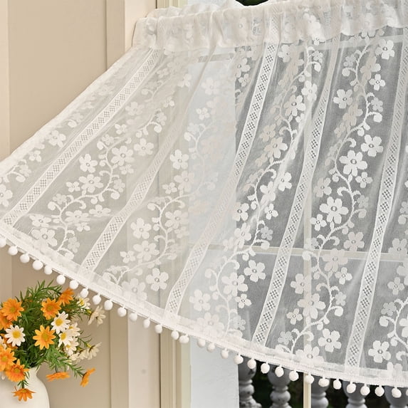 Floral Lace Sheer Curtain Valance 39.37W x 23.62L Inch Rod Pocket with Pom Pom Fringe for Kitchen Farmhouse