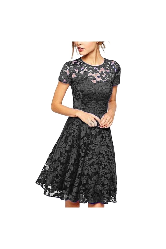 Floral Lace Sundress, Cap Sleeve Smocked Bodice with Tiered Skirt, Feminine Spring Dress for Easter, Brunch & Outdoor Wedding Black 2XL