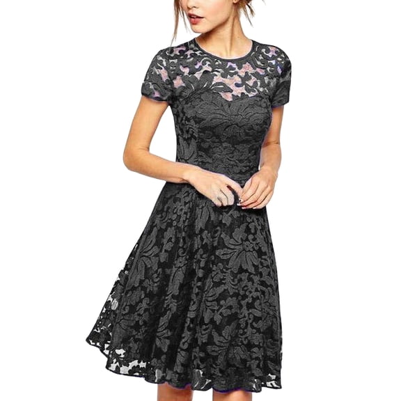 Floral Lace Sundress, Cap Sleeve Smocked Bodice with Tiered Skirt, Feminine Spring Dress for Easter, Brunch & Outdoor Wedding Black 4XL