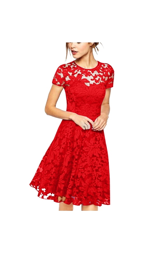 Floral Lace Sundress, Cap Sleeve Smocked Bodice with Tiered Skirt, Feminine Spring Dress for Easter, Brunch & Outdoor Wedding Red S