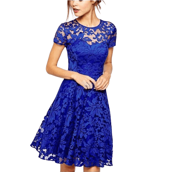 Floral Lace Sundress, Cap Sleeve Smocked Bodice with Tiered Skirt, Feminine Spring Dress for Easter, Brunch & Outdoor Wedding Royal Blue 4XL