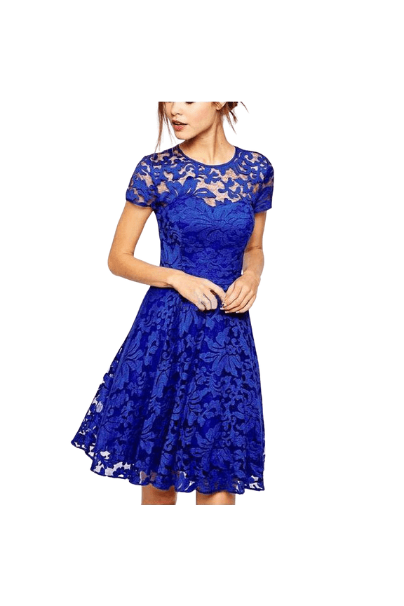 Floral Lace Sundress, Cap Sleeve Smocked Bodice with Tiered Skirt, Feminine Spring Dress for Easter, Brunch & Outdoor Wedding Royal Blue S