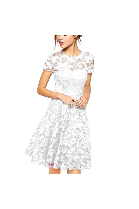 Floral Lace Sundress, Cap Sleeve Smocked Bodice with Tiered Skirt, Feminine Spring Dress for Easter, Brunch & Outdoor Wedding White L