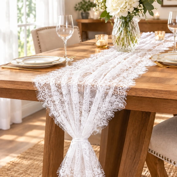 White Lace Table Runner 30" x 118", Sheer Floral Lace for Wedding, Bridal Shower, Party Decor