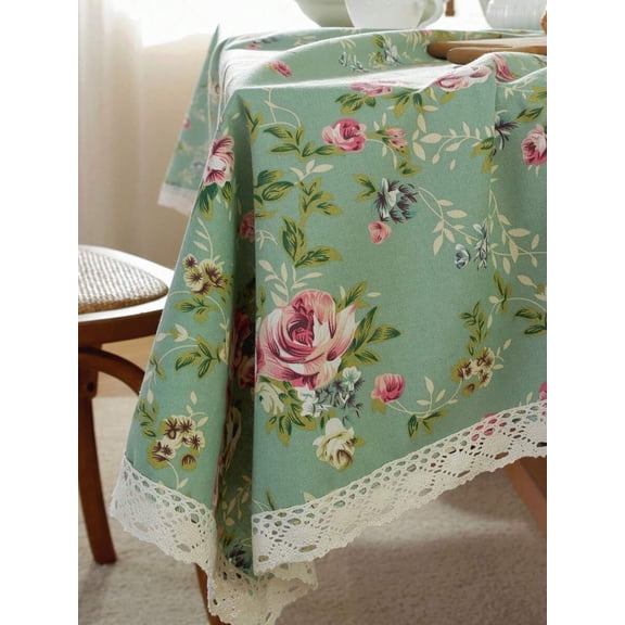 Floral Lace Tablecloth 90x90cm, Mint Green Rose Print, Farmhouse Style, 1pc