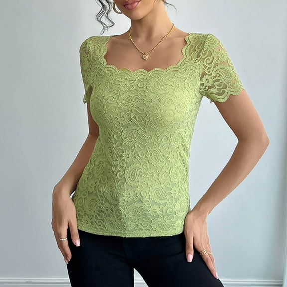 Floral Lace Tops Square Neck Dressy Casual Blouses for Women Slim Fit Short Sleeve Shirts Elegant Summer Clothes (S, Green)