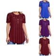 thumbnail image 1 of Floral Lace Trim Short Sleeve Blouse – Women's Casual Round Neck Top with Button Detail & Asymmetrical Hem for Summer Daily Office Wear, 1 of 5