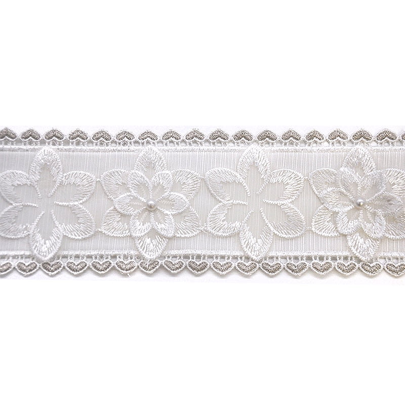 Floral Lace Trimming with Pearls - 3" Width (10 Yard Roll) - BTP-1806 White/Beige