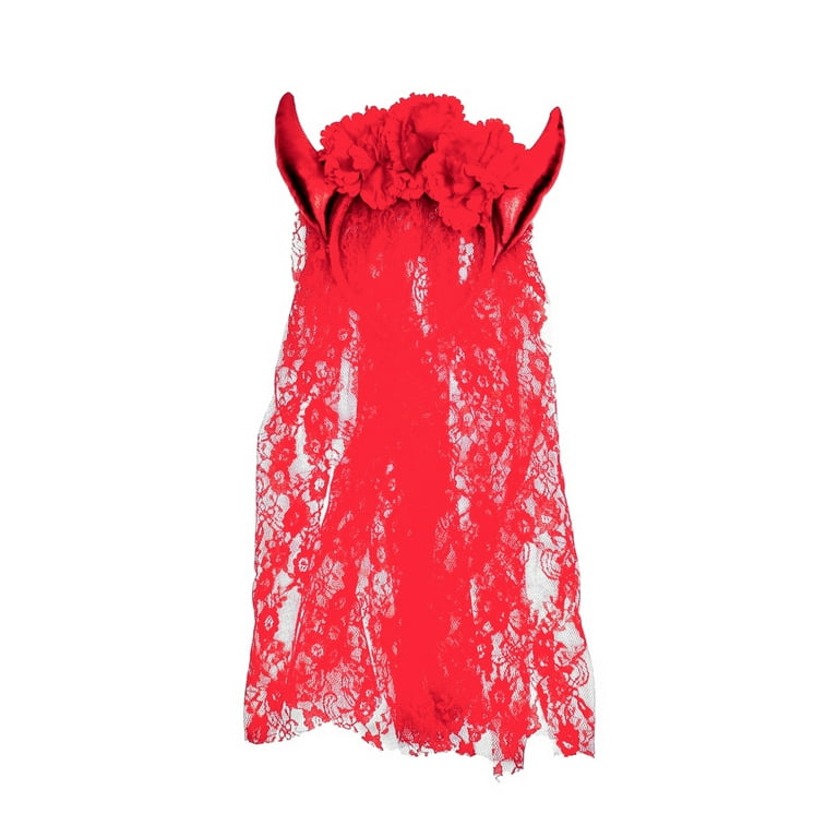 Devil Horns Headband Red Floral Lace Veil Demon Cosplay Halloween Party Costume Devil Horns Headband Red Floral Lace Veil Demon Cosplay Halloween Party Costume