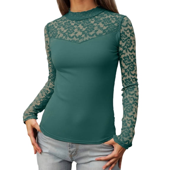 Floral Lace Women Long Sleeve Tight T Shirts Trendy Ruffle Collar Slim Fitted Night Club Party Blouses