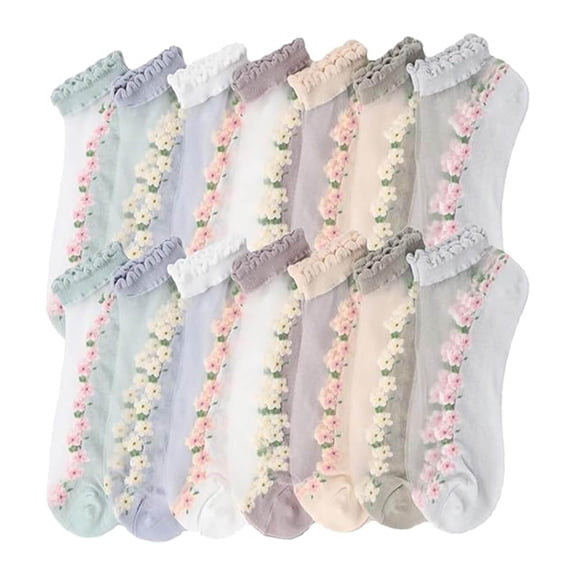 Floral Lace Women's Spring Summer Ankle Socks, Sheer Mesh Flower Ankle Socks, Ruffle Sheer Sock