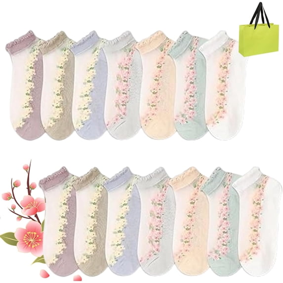 Floral Lace Women's Spring Summer Cotton Ankle Socks, 7-21 Pairs