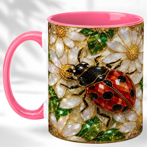 Floral Ladybug Coffee Mug, Nature Insect Mug, Ceramic 11 oz