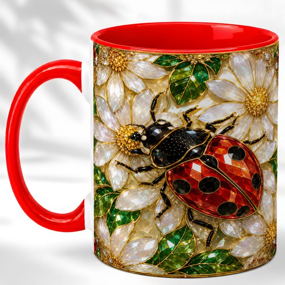 Floral Ladybug Coffee Mug, Nature Insect Mug, Ceramic 11 oz