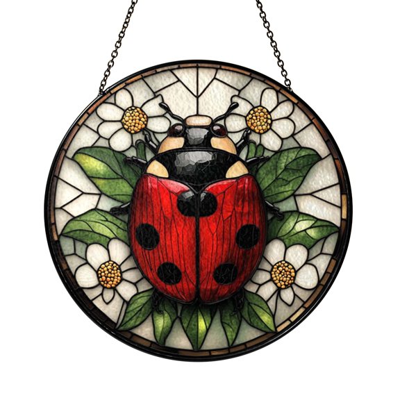 Floral Ladybug Faux Stained Glass Window Decor, Cheerful Garden Insect Suncatcher Hanging