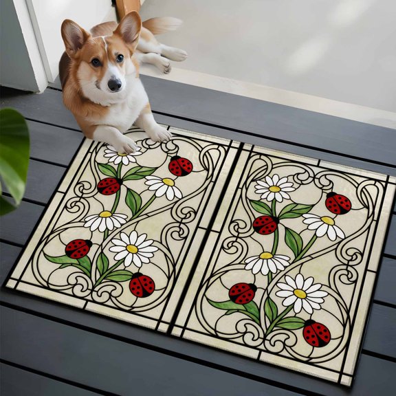 Floral Ladybug Front Door Rugs 2x3 ft Retro White Daisy Leaf Ladybugs Khaki Glass Small Rug for Entryway Non Slip Washable Bathroom Door Mat Absorbent Floor Mat for Indoor Entrance