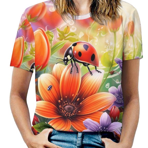 Floral Ladybug Garden-1 Womens Tops Women's Fashion Casual Short Sleeve Flower Print Round Neck Pullover Top Blouse