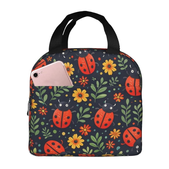 Floral Ladybug Lunch Bag Reusable Thermal Lunch Box with Handle for Women and Men