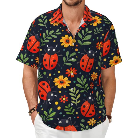 Floral Ladybug Men's Shirts Short-Sleeved with All-Over Prints Button-Up Shirts