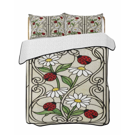 Floral Ladybug Quilts Bedding Set California King Retro White Daisy Leaf Ladybugs Khaki Glass Lightweight Quilted Bedspread 3 Piece Bed Quilt with 2 Pillow Shams All Season for Bedroom 96" x 106"