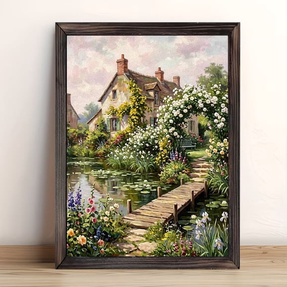 Floral Lake Cottage Wooden Walkway Framed Wall Art, Solid Wood Frame Vintage Garden Landscape Print, Peaceful Country Wall Decor for Dining Room Living Room, 12x16in