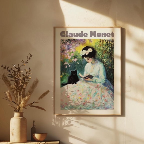 Floral Landscape Black Cat Art Print, Impressionist Style, Nature View Unframed Paper Print
