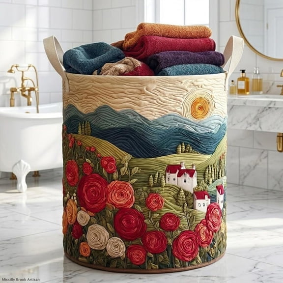 Floral Landscape Laundry Basket, Cottagecore Laundry Hamper, Mountain Flower Storage Bin, Rustic Farmhouse Decor, Poppy Sunset Basket Gift