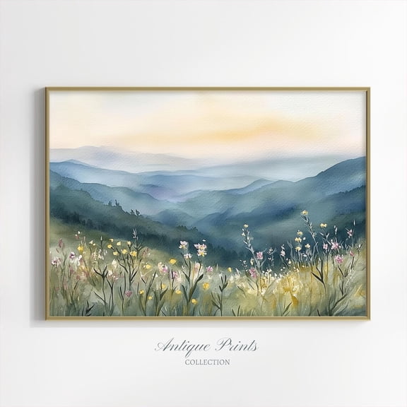 Floral Landscape Print, Country, Cottage Wall Art, French Country, Farmhouse Decor, Poster, Unframed Poster Size 8x12