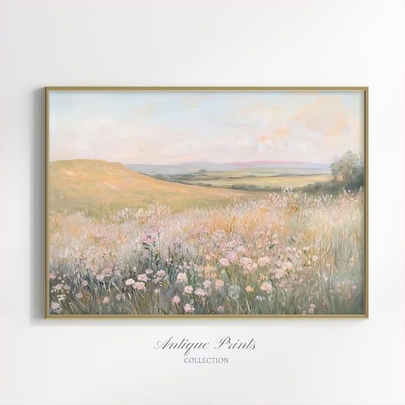Floral Landscape Print, Neutral Spring Country Wall Art, French Country, Farmhouse Decor, Wildflower Art, Poster, Unframed Canvas Size 8x12