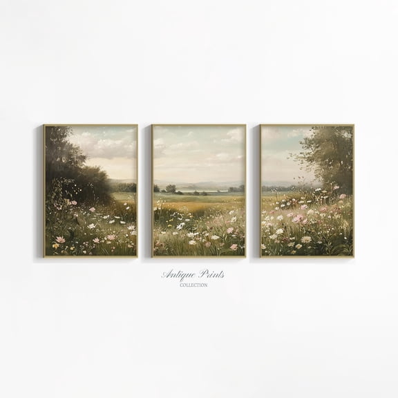 Floral Landscape Prints French Country Neutral Wall Art Farmhouse Spring Decor Set 3